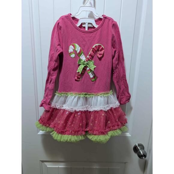 Emily Rose Girls Size 5 Christmas Dress Pink Green Candy Cane Embroidery Ruffled - Picture 1 of 7